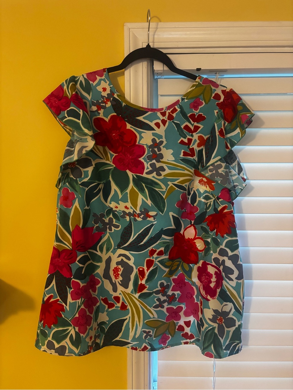 Floral Flutter Sleeve Tunic - Teal with Pink & Red Blooms